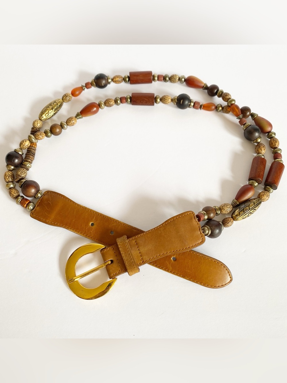 Vintage New York Studio Belt Womens Size 31"-34" Wooden Metal Beads Leather 80s